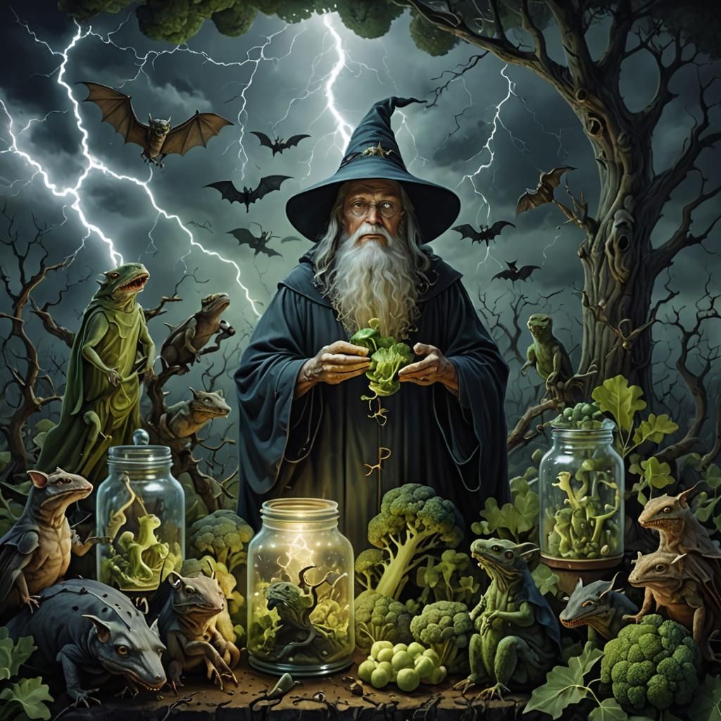 Surreal Wizard in Broccoli Forest with Bats and Lightning