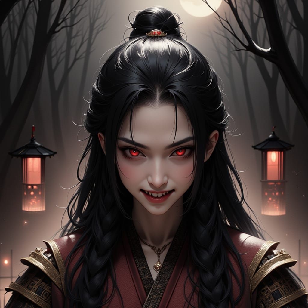 Samurai Woman in Worn Armor, Cinematic Style