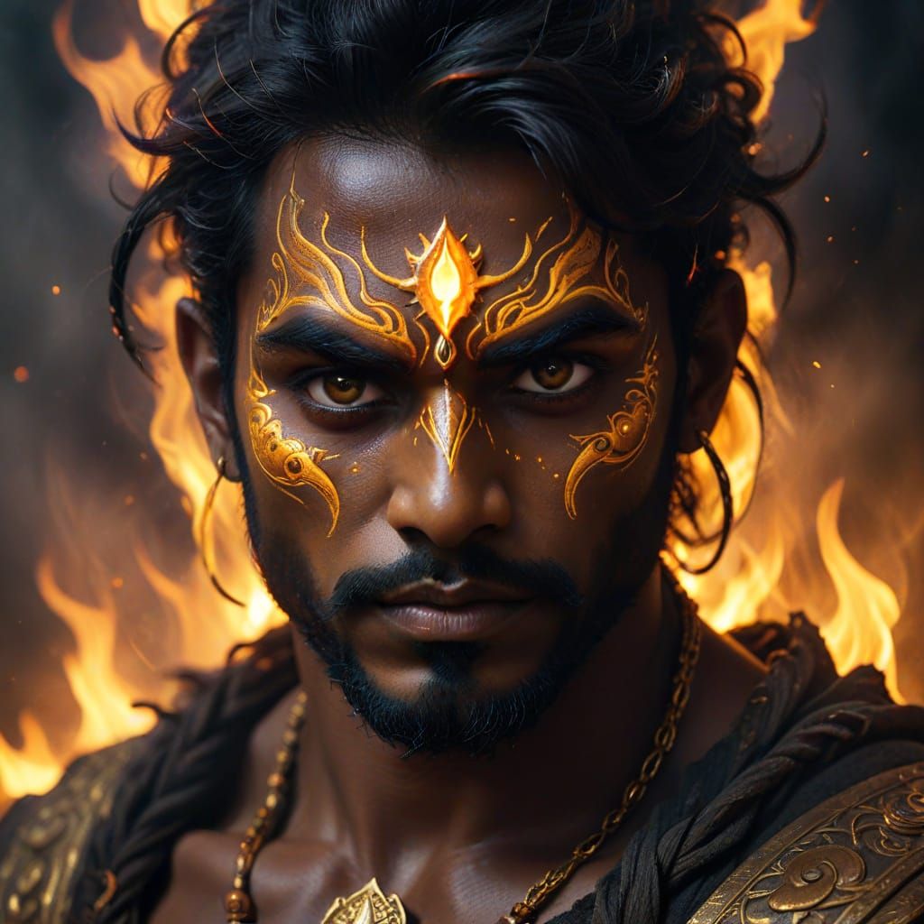 Ravan's Glowing Eyes Reflecting Fiery Mysticism