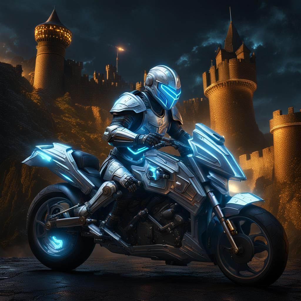 Tron-like Knight on Motorcycle in Cyberpunk City