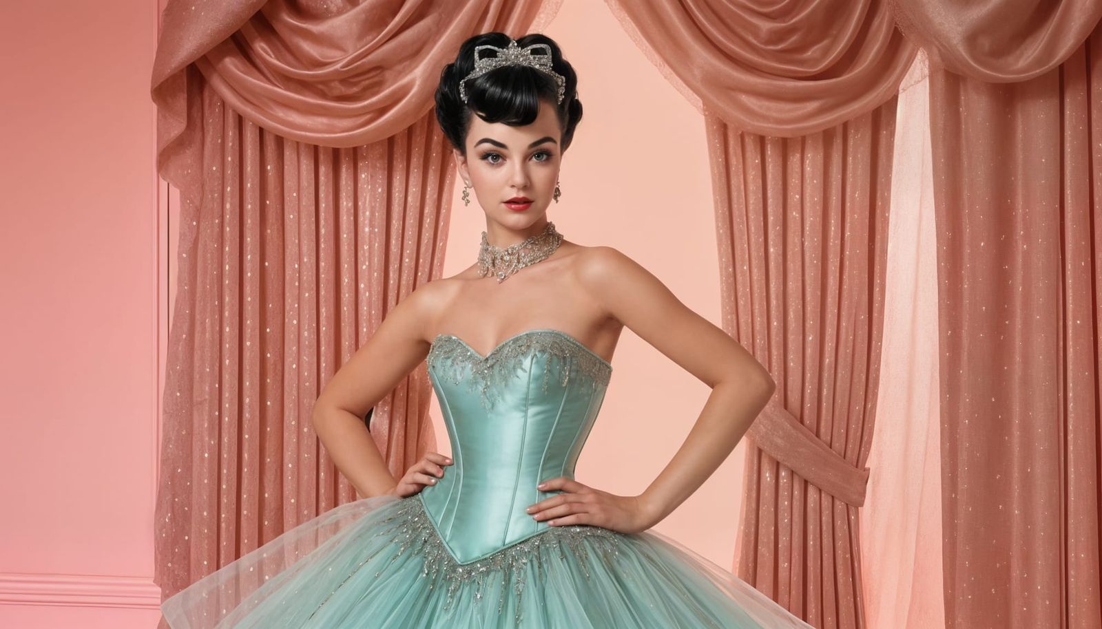 Glamorous Peach-Colored Gown in Retro Style