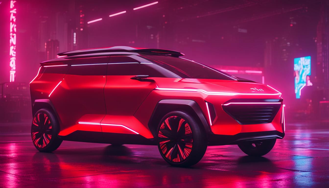 Futuristic Neon Red Electric Minivan Concept in Cyberpunk St...