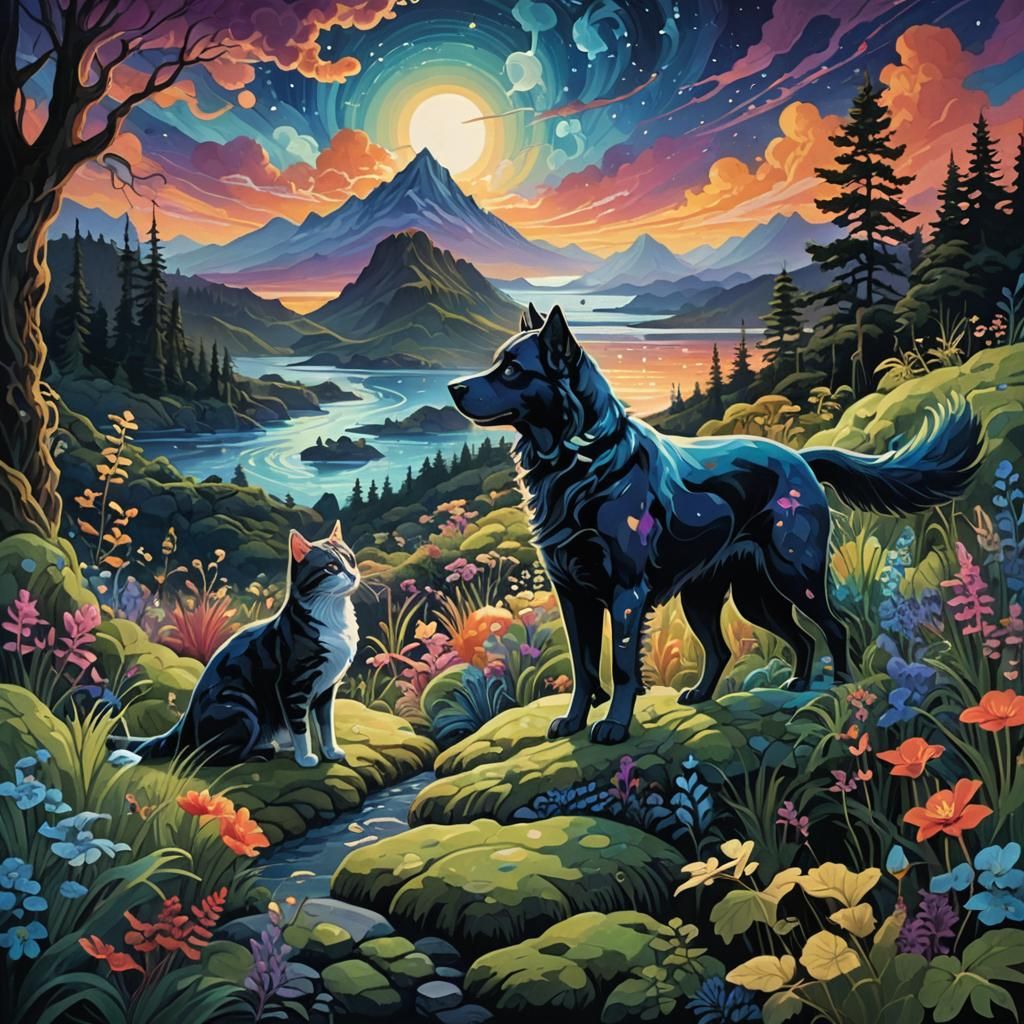 Dog and Cat Frolic in Bioluminescent Dreamscape