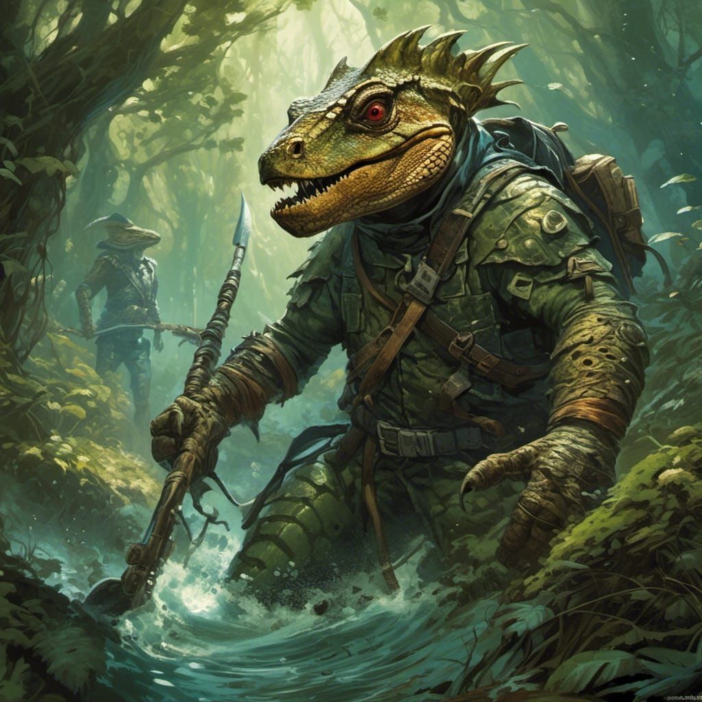 Lizardman Ranger on Dinosaur Hunt in Comic Book Art