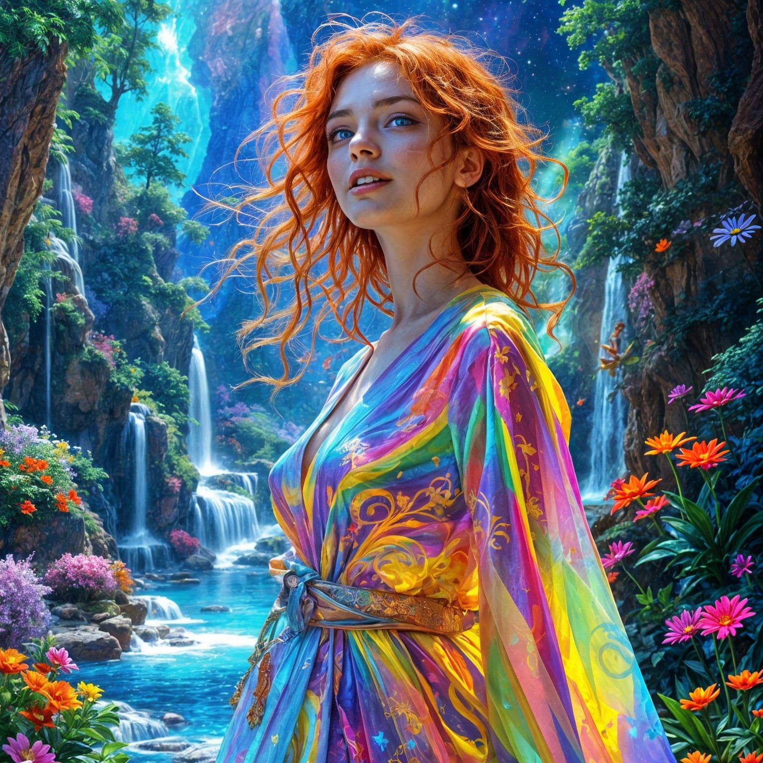 Joyful Woman Embodies Divine Love in Crystal Landscape