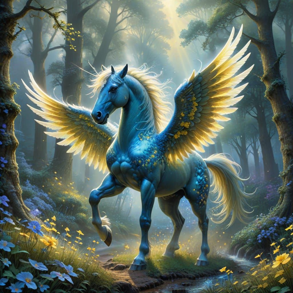 Pegasus Adorned with Flowers in Ethereal Forest