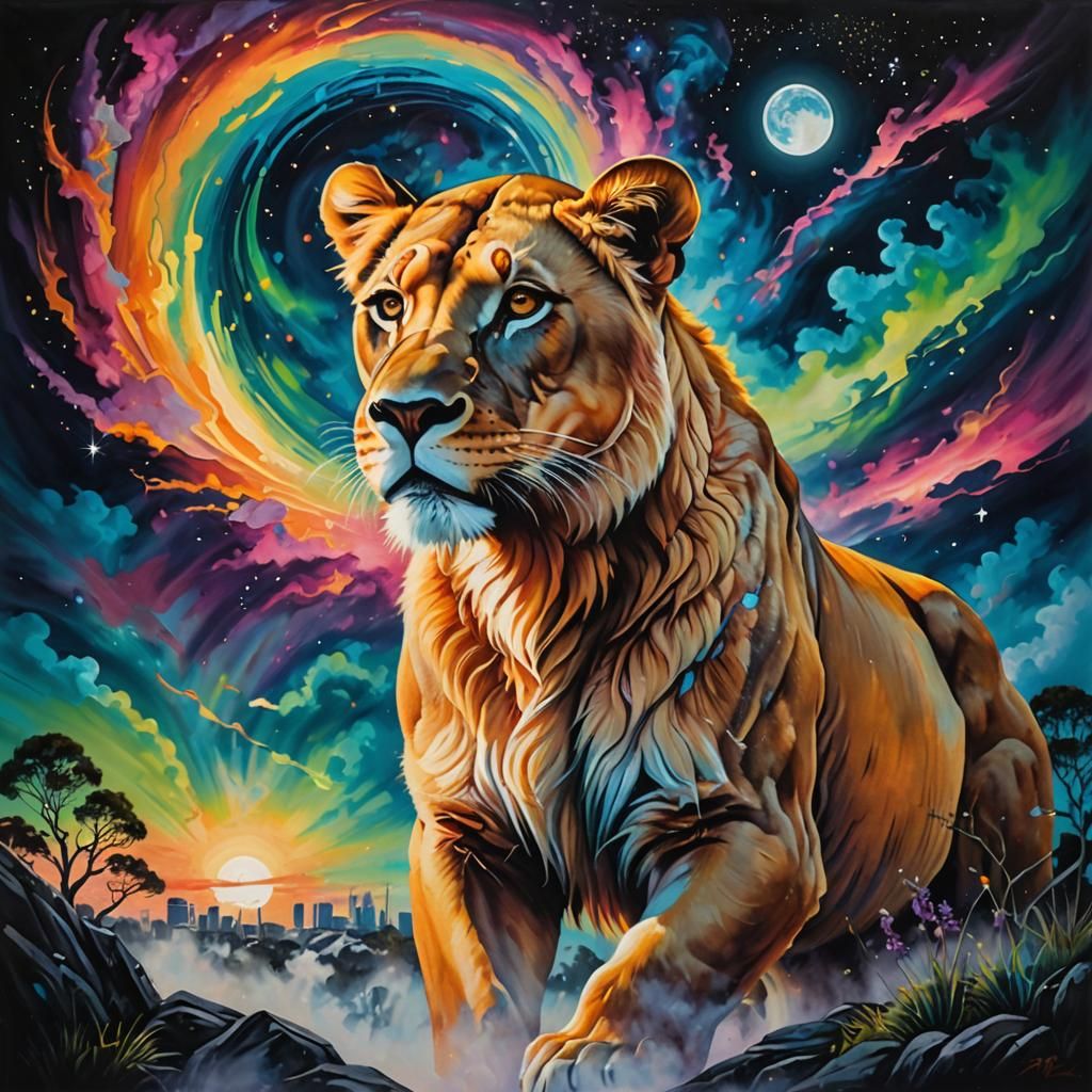 Ethereal Lioness in Graffiti Style with Auroras