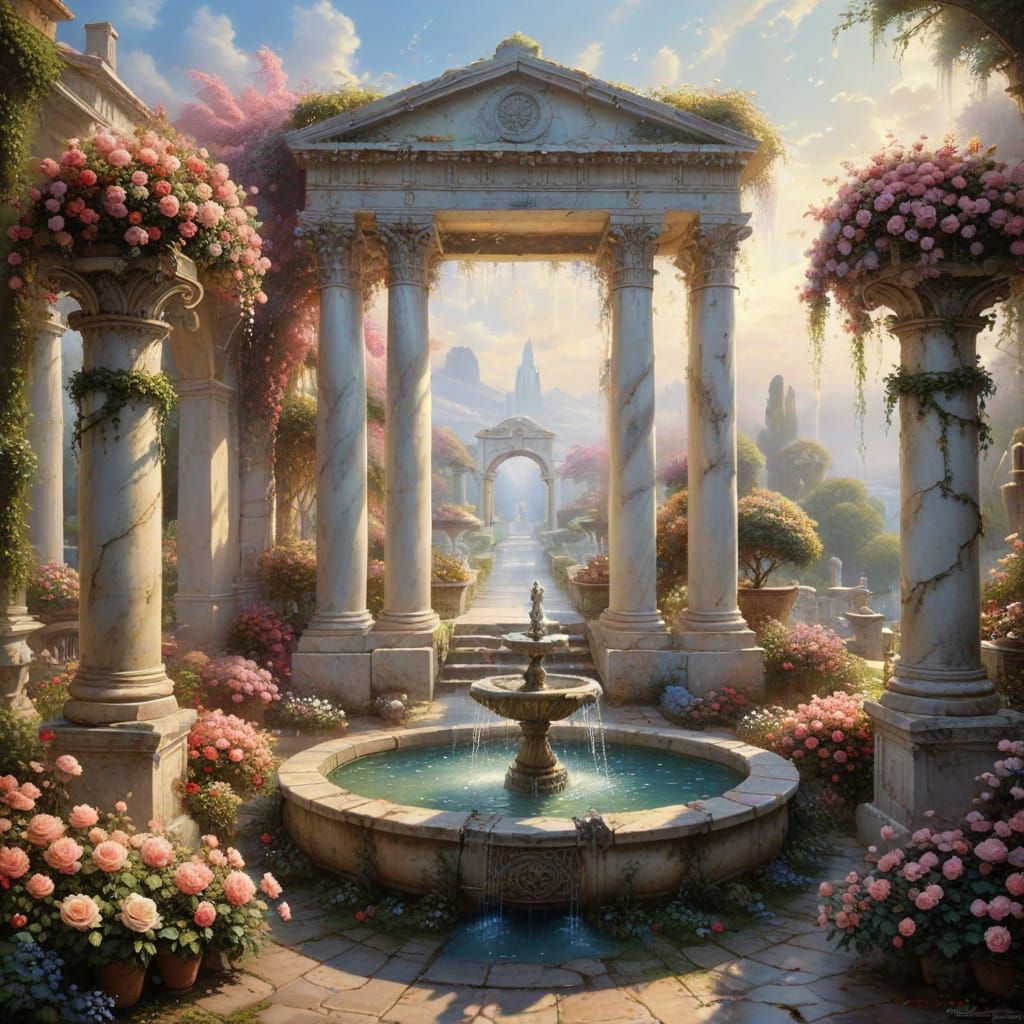 Ethereal Rose Garden with Marble Fountain
