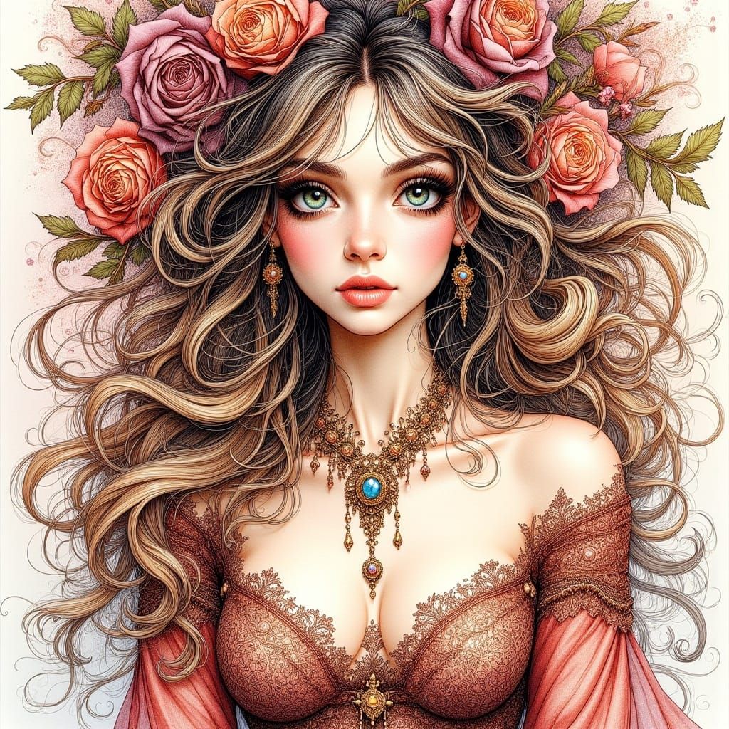 Gorgeous Fantasy Lady in Ornate Watercolor Style