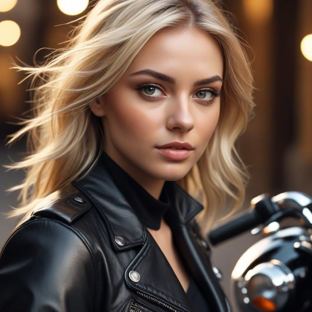 Blonde Woman by Motorcycle Oil Painting Portrait