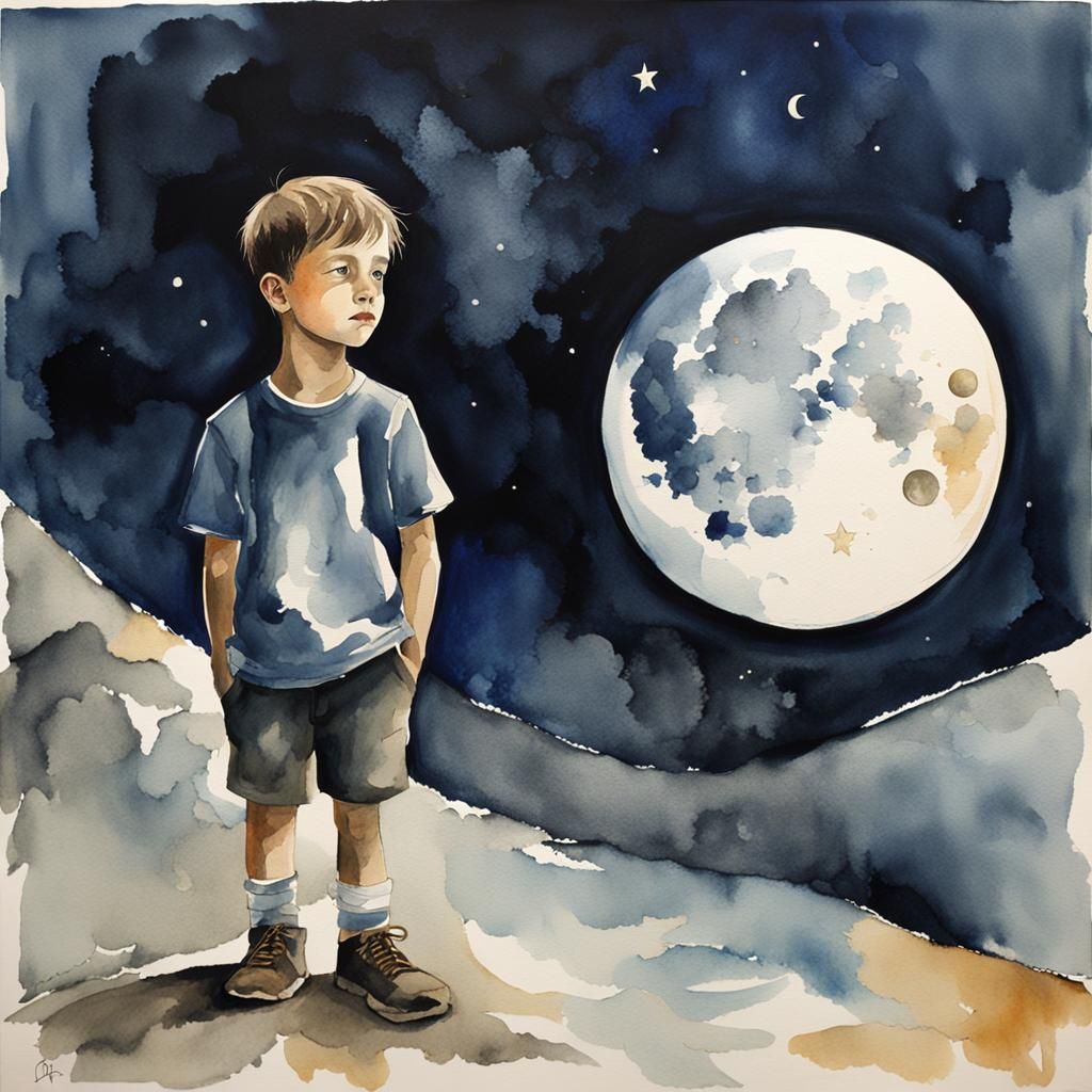 Boy Gazing at Moon in Watercolor Art