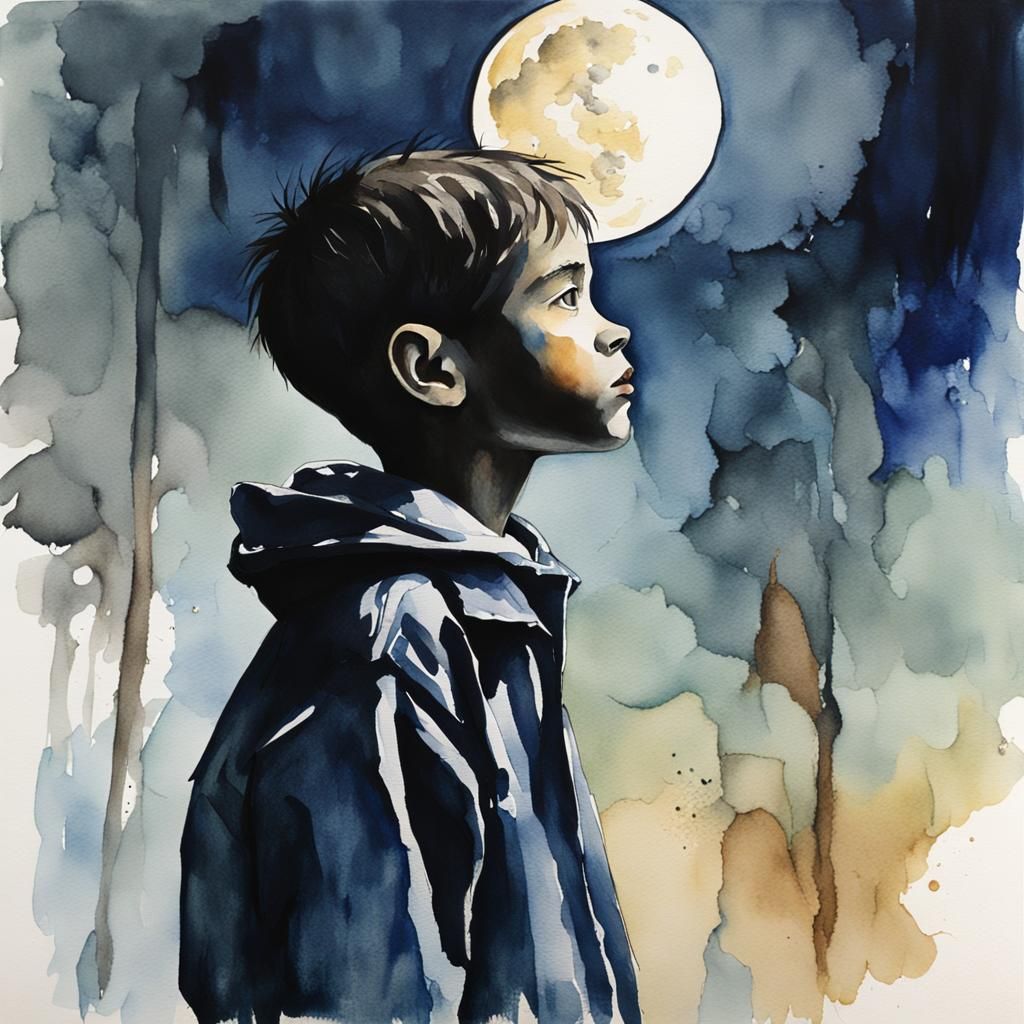 Boy Gazing at Moon in Watercolor Style