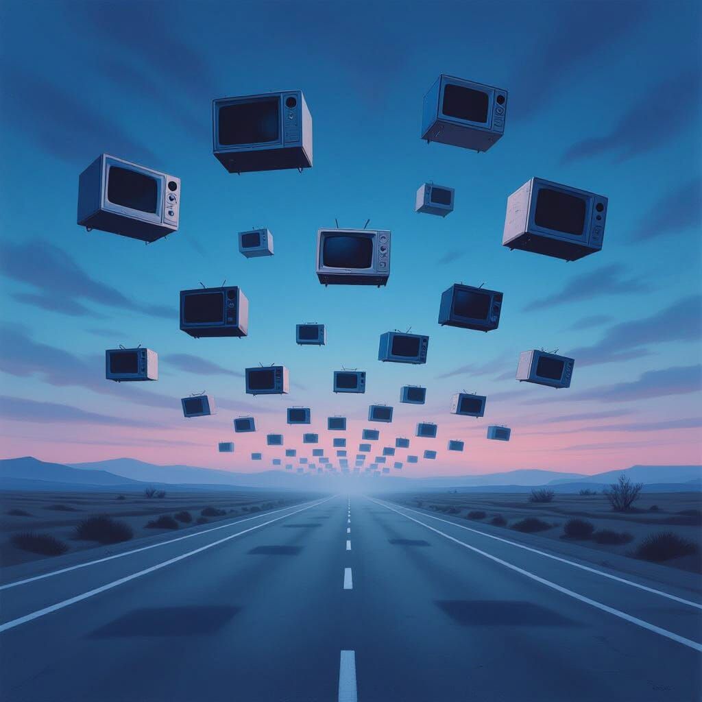 Surreal Cityscape of Floating Microwaves in Eerie Light