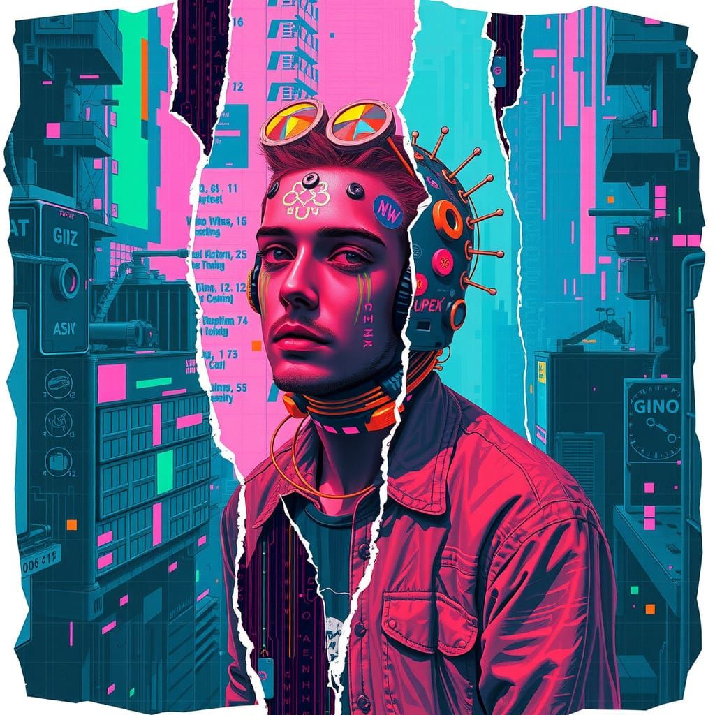 Distorted Figure in Glitching Reality with Neon Hues