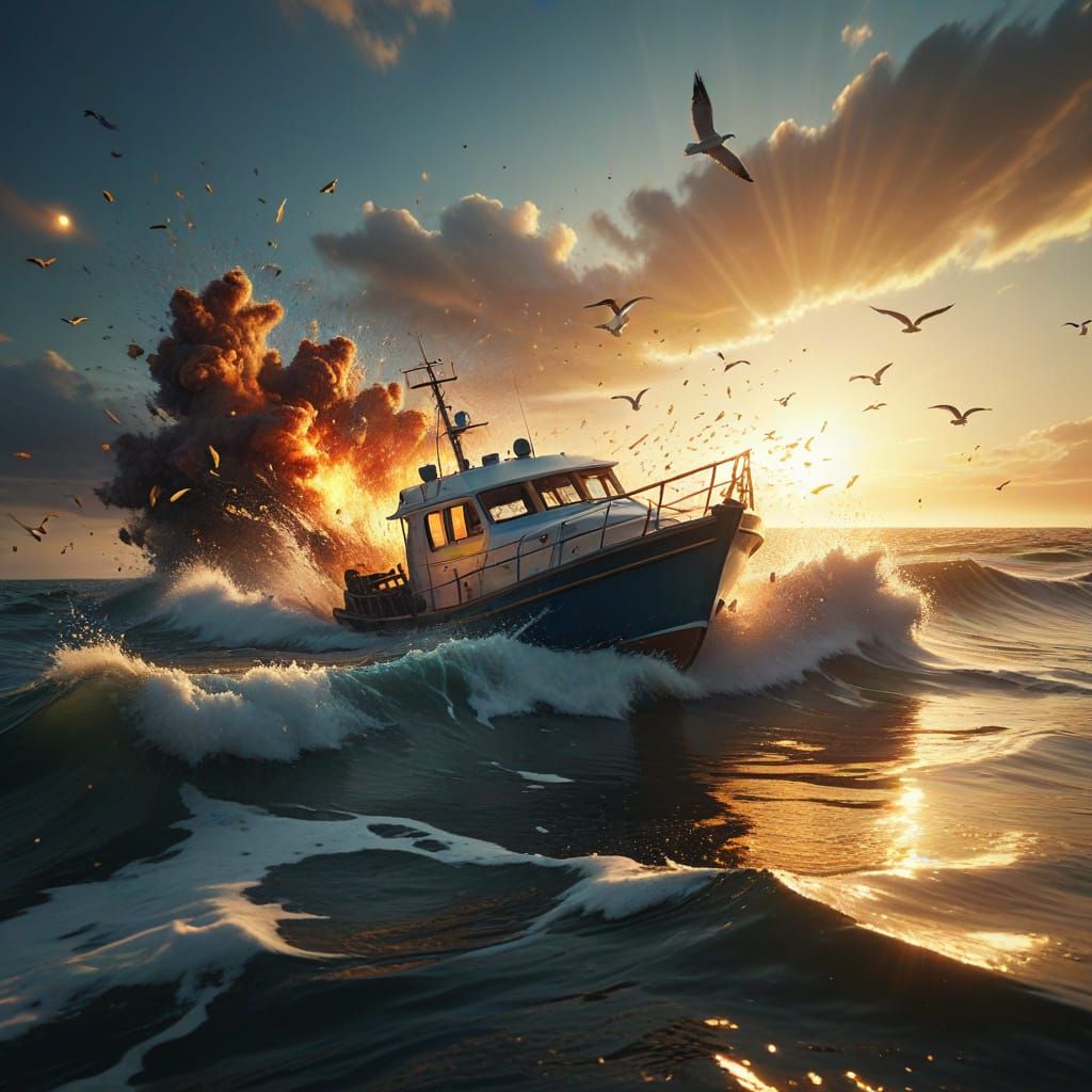 Vibrant Digital Art of a Boat on the Sea with Golden Light
