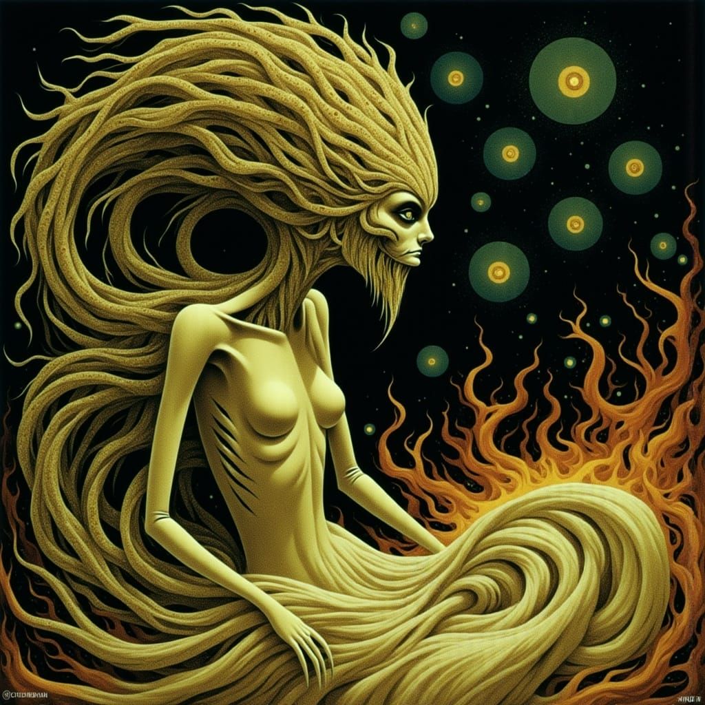 Eerie Suspended Humanoid Figure in Dreamlike Art Style