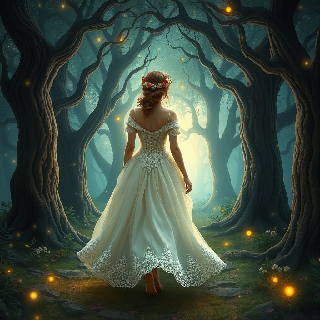 Victorian Fairy in Whimsical Forest Adrift in Iridescent Lig...