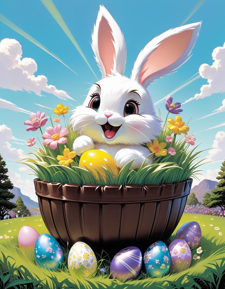 Anthropomorphic Easter Bunny with Flowers and Chocolates