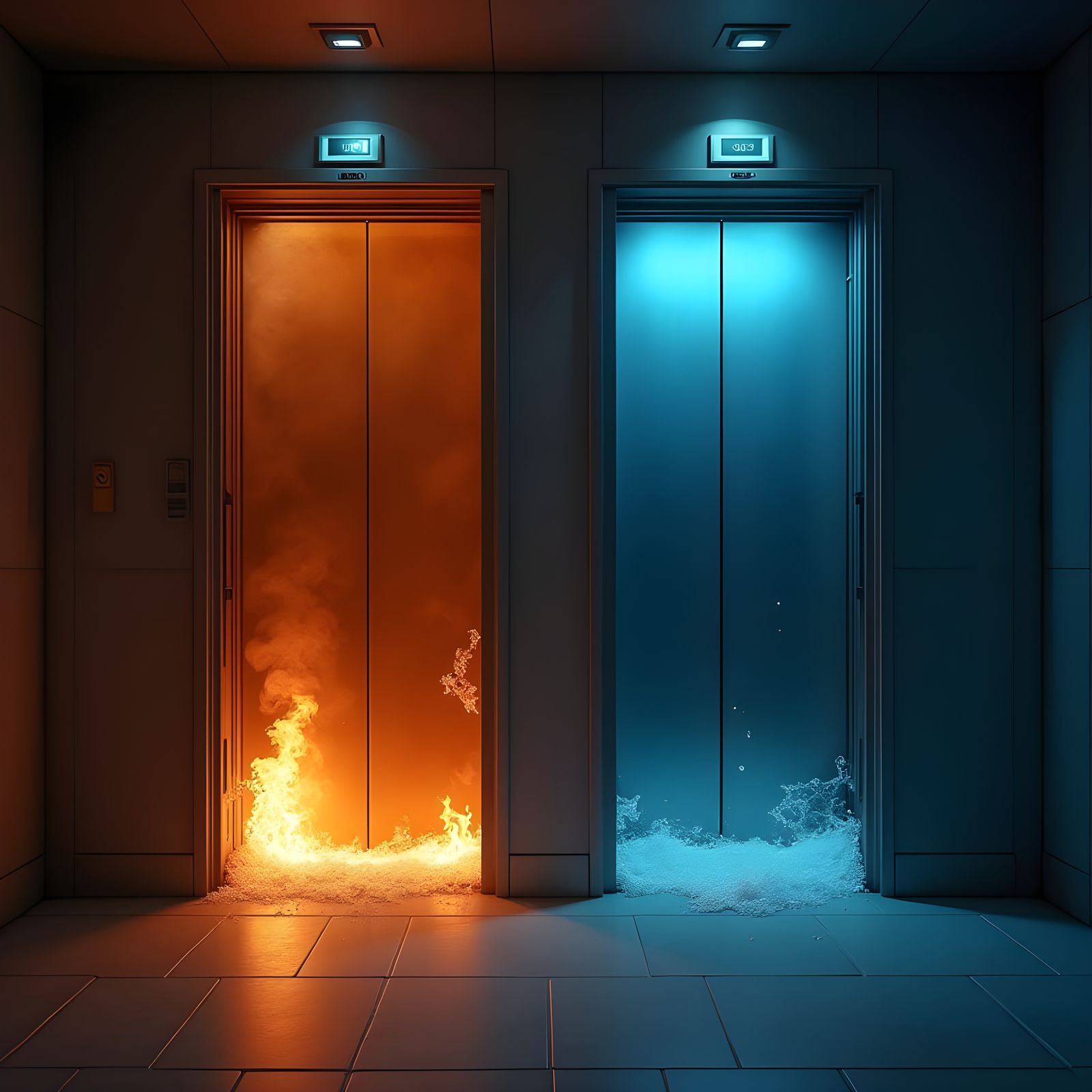 Futuristic Elevator Doors Confront Fire and Ice
