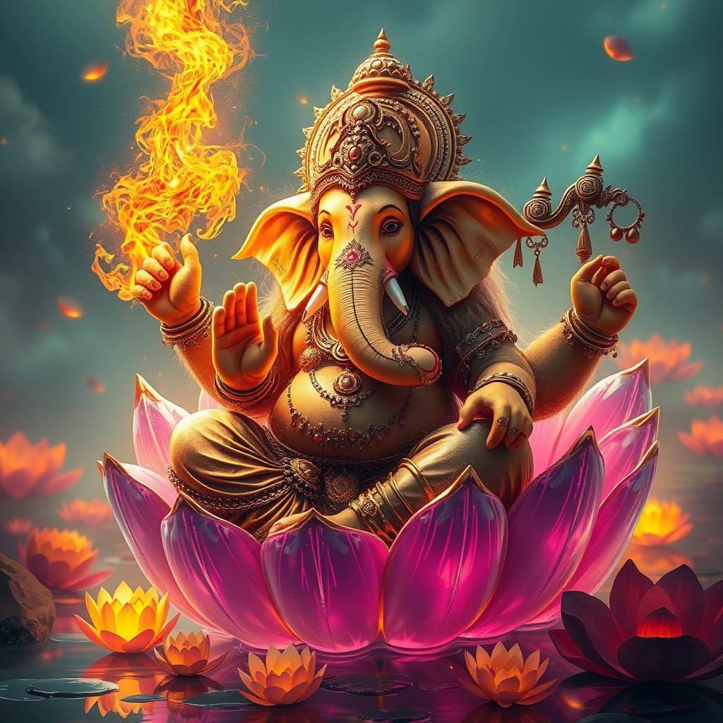 Radiant Lord Ganesha on Bioluminescent Lotus