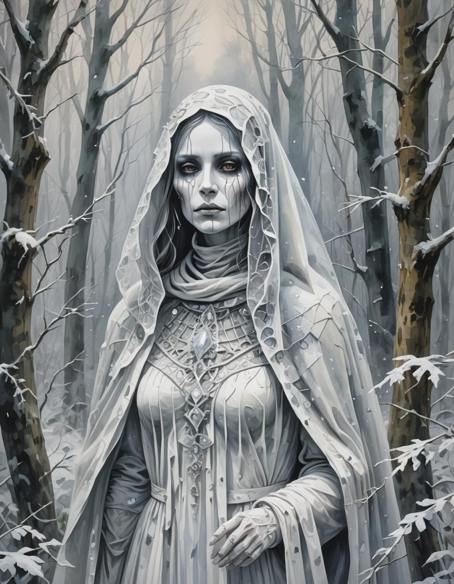 Ethereal Crystal Phantom in Misty Gothic Forest