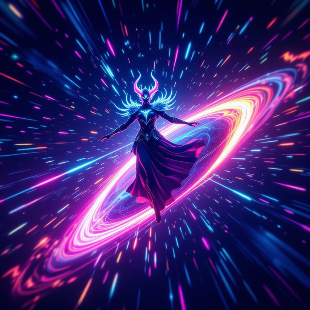 A mesmerizing psychedelic light artwork of demon lord compos...