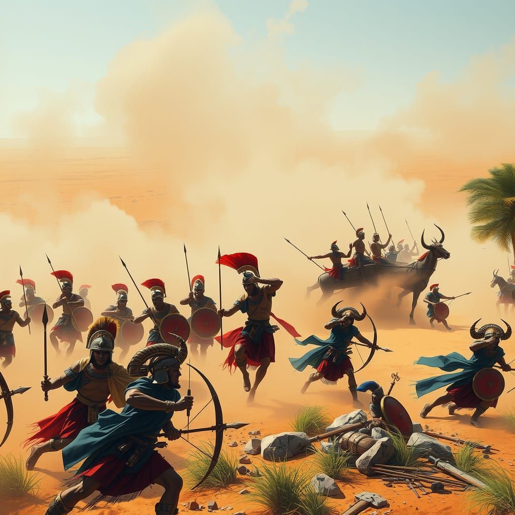 Ancient Warriors Clash in Dusty Desert Battle Scene
