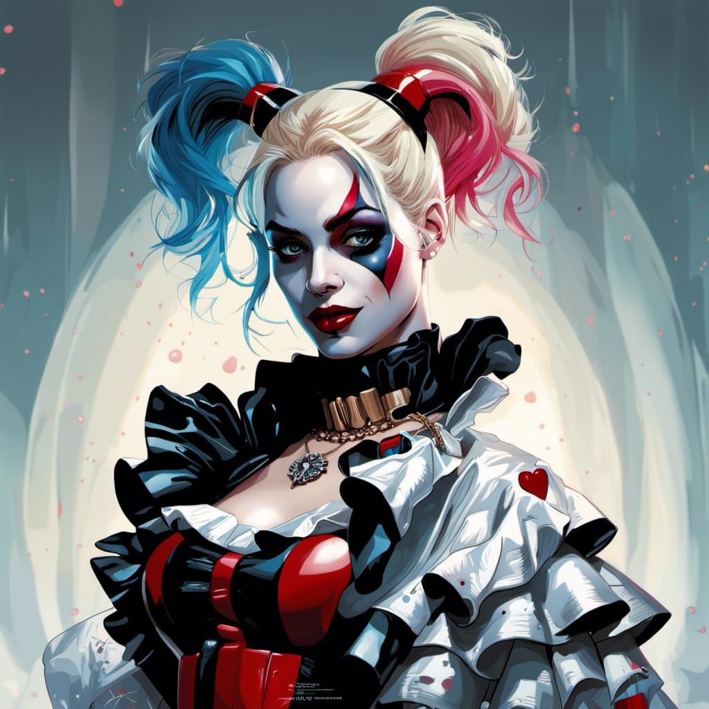 Harley Quinn in Ruffled Coat: Digital Illustration