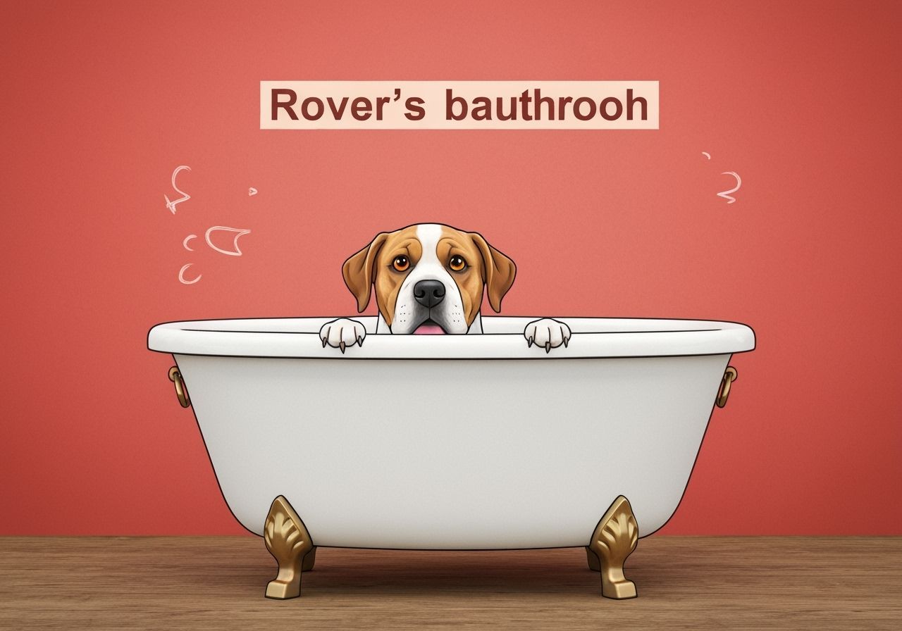 Funny Dog Hiding from Bathtub Labeled Rover's Bathtub