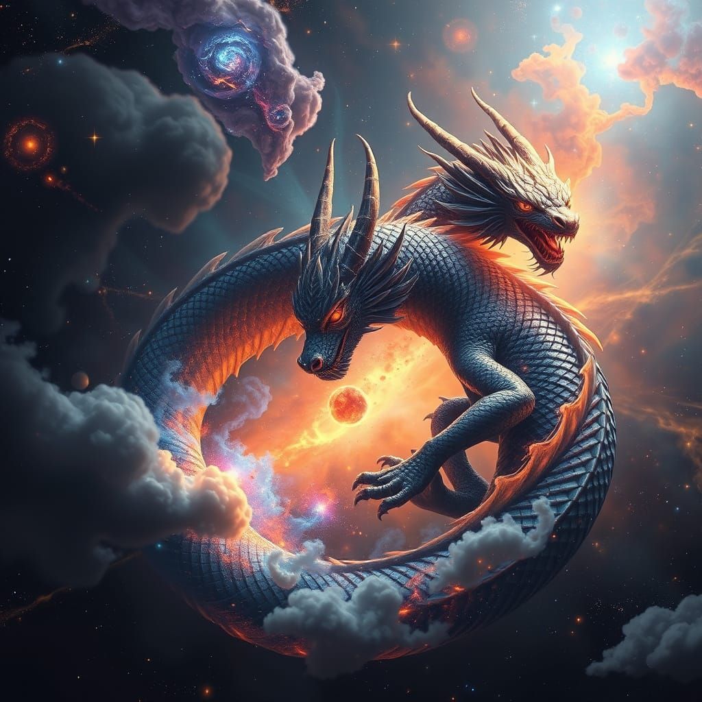 Cosmic Dragon Curled Around a Nebula in Matte Painting