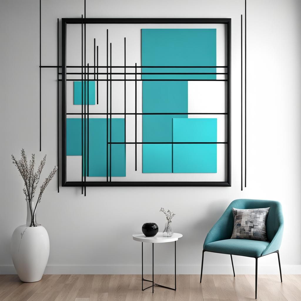 Abstract Wall Art on Blue: Metal Lines and Squares
