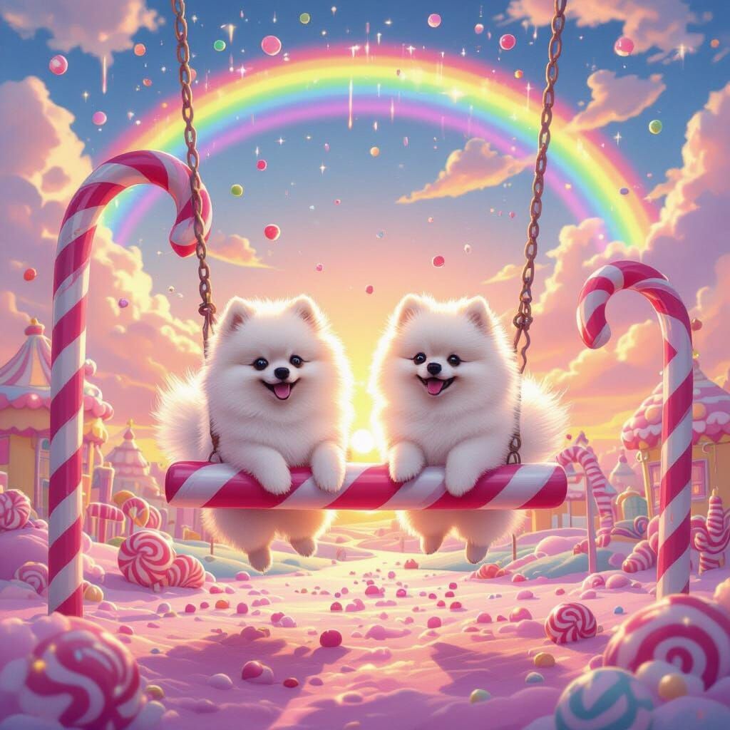 Pomeranians Swing on Candy Cane in Whimsical Playground