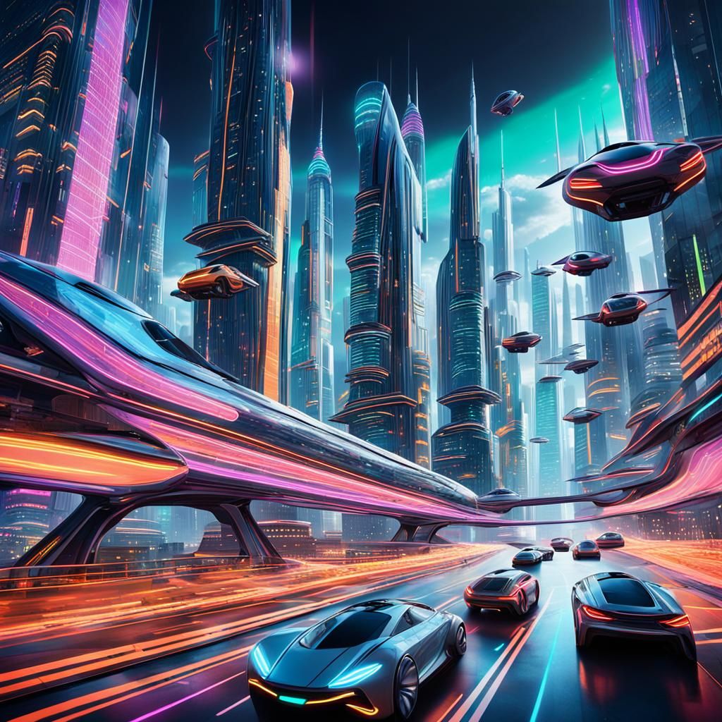Neon Cityscape with Flying Cars in Cyberpunk Style