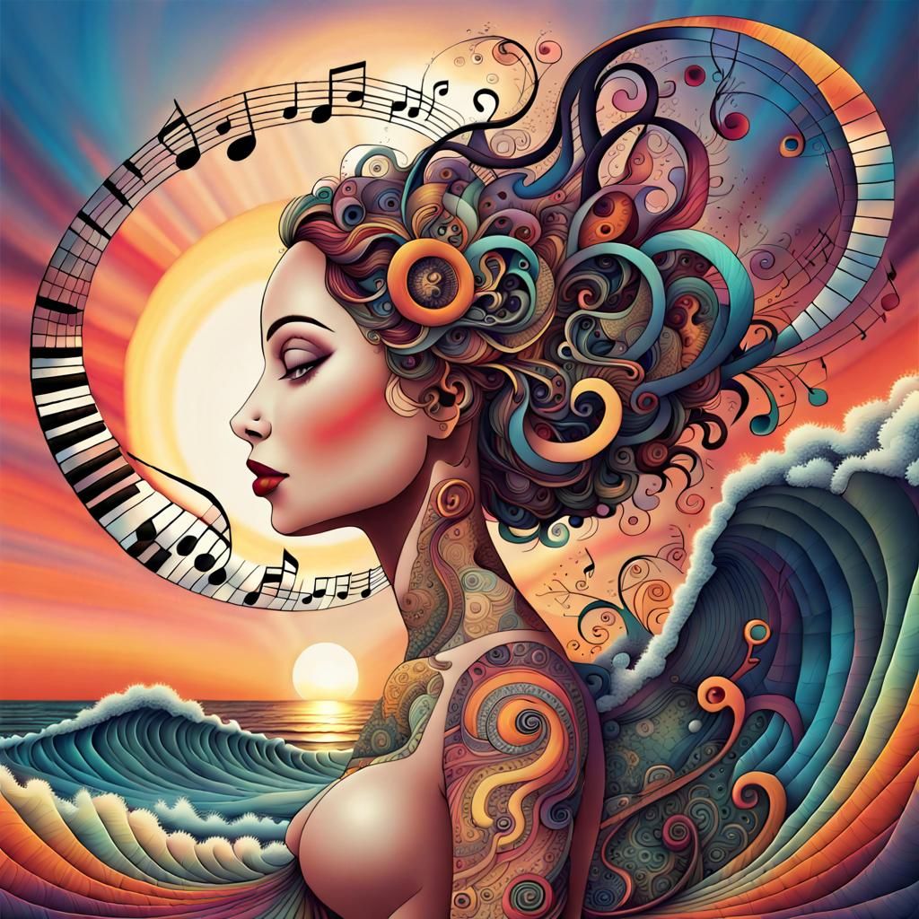 Dreamlike Art Brut Scene with Woman and Music Note