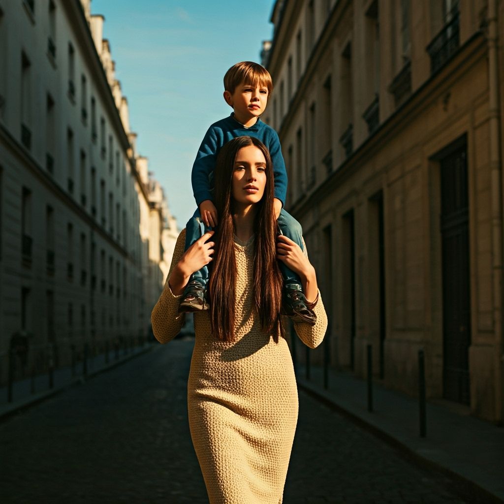 Elegant French Woman Carries Boy on Parisian Street