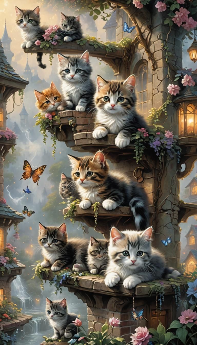 Kittens in Ethereal Fantasy Landscape, Kinkade Style