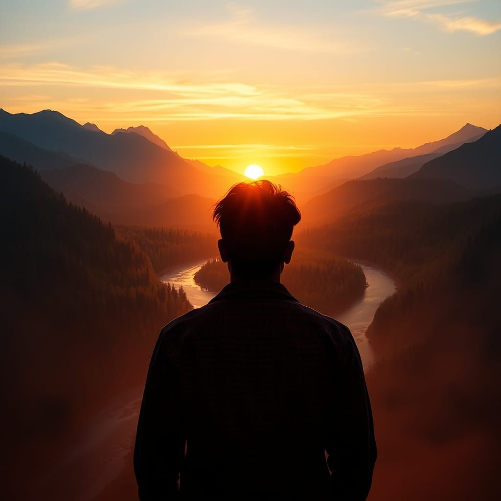 Double Exposure Portrait Blending Person with Sunrise Landsc...