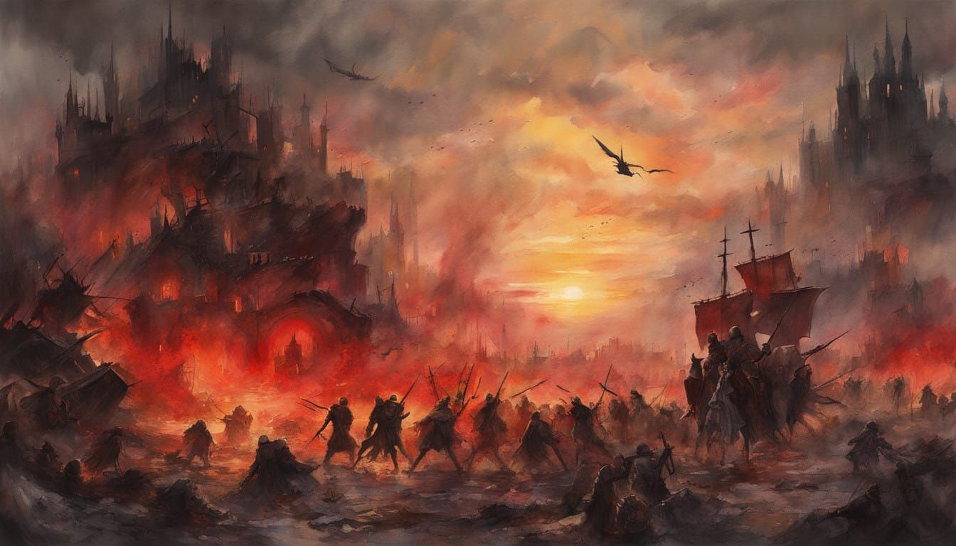 Surreal Solarpunk Battle at Dusk in Watercolor