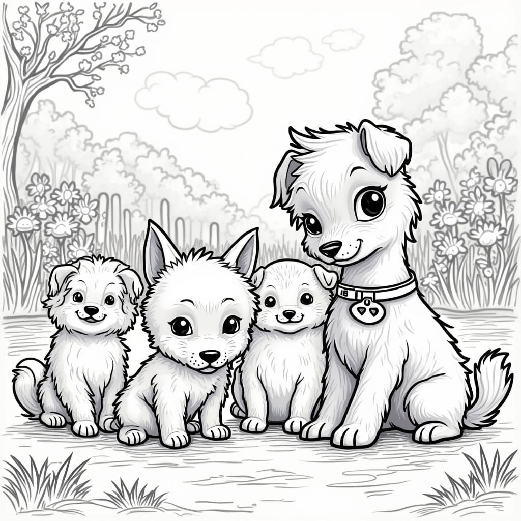 Playful Pets Coloring Page Inspired by Children's Book Art