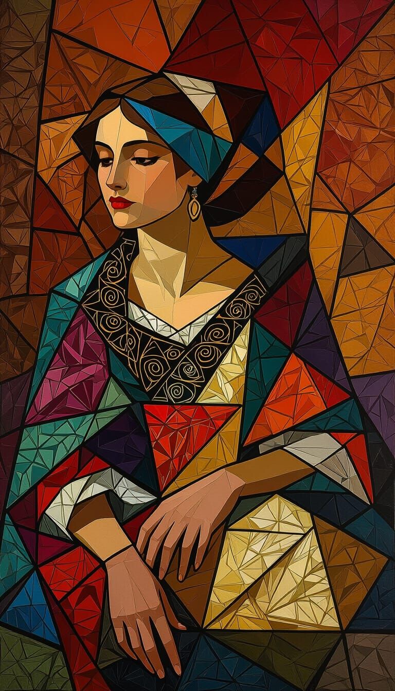 Baroque Cubist Woman with Geometric Patterns