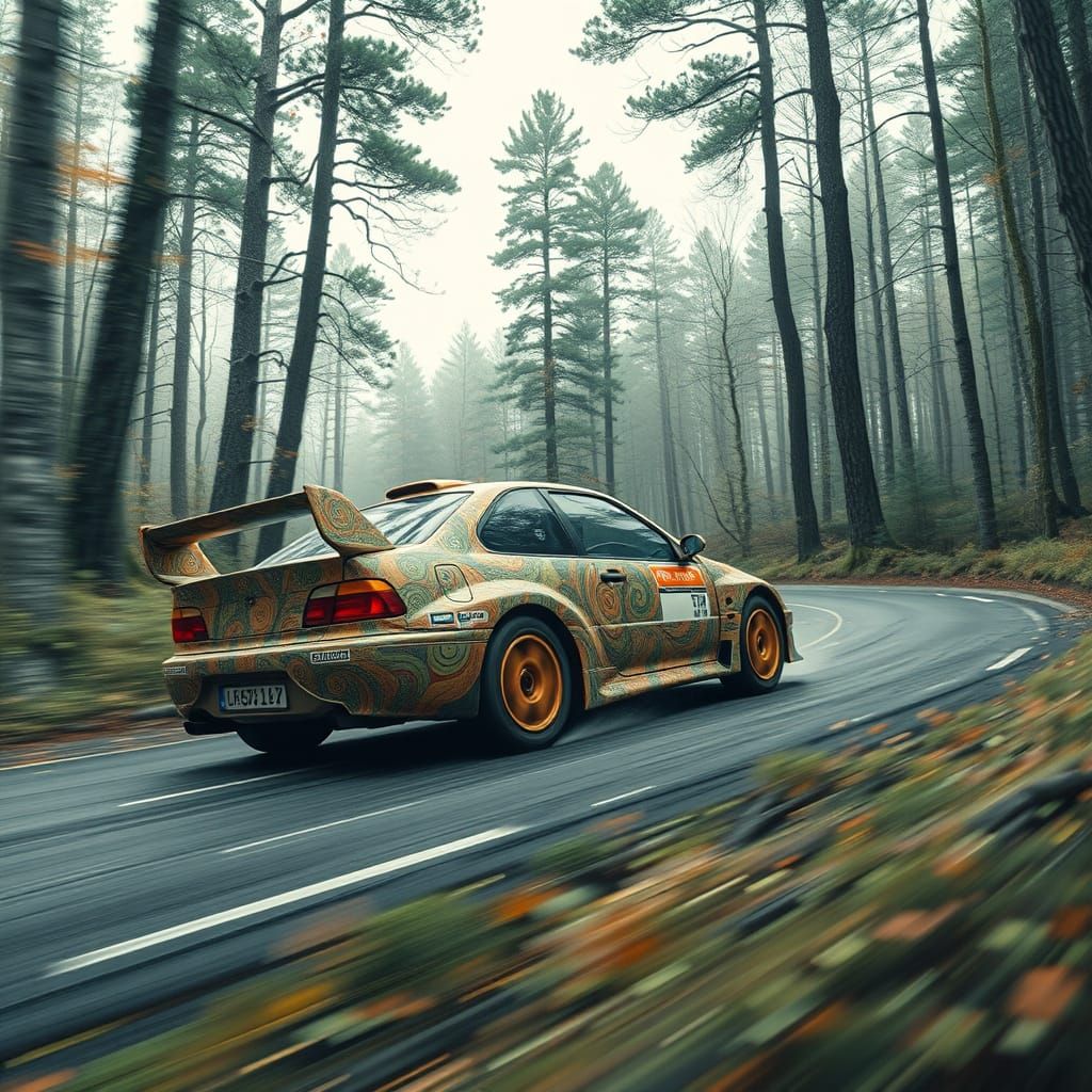 Rally car wrapped in "sassafras roots" artwork