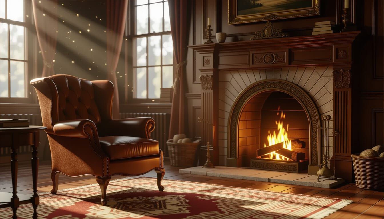 Cozy Historical Interior with Armchair and Fireplace