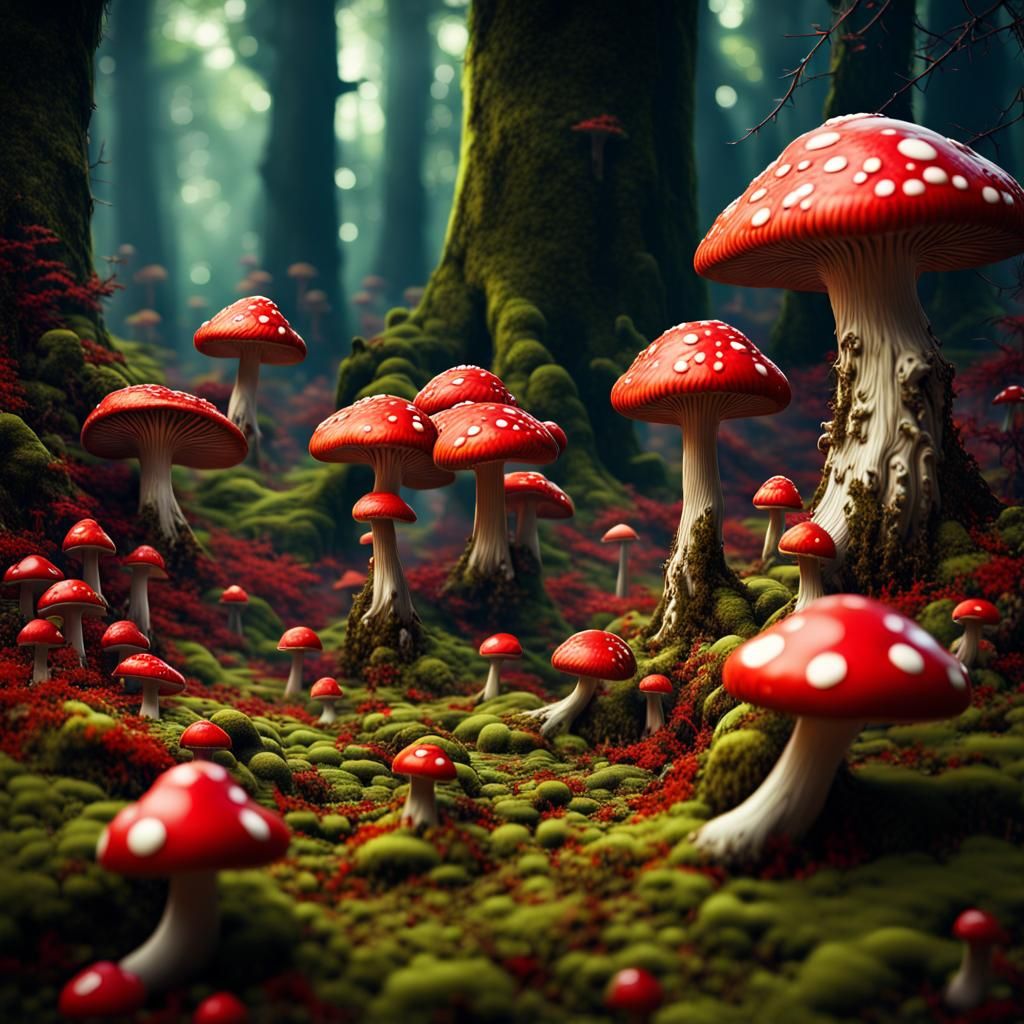 Psychedelic Forest with Fairies and Red Mushrooms