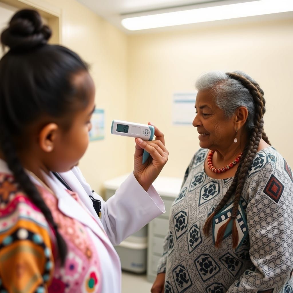 Doctor Shows Thermometer to Girl in Clinic