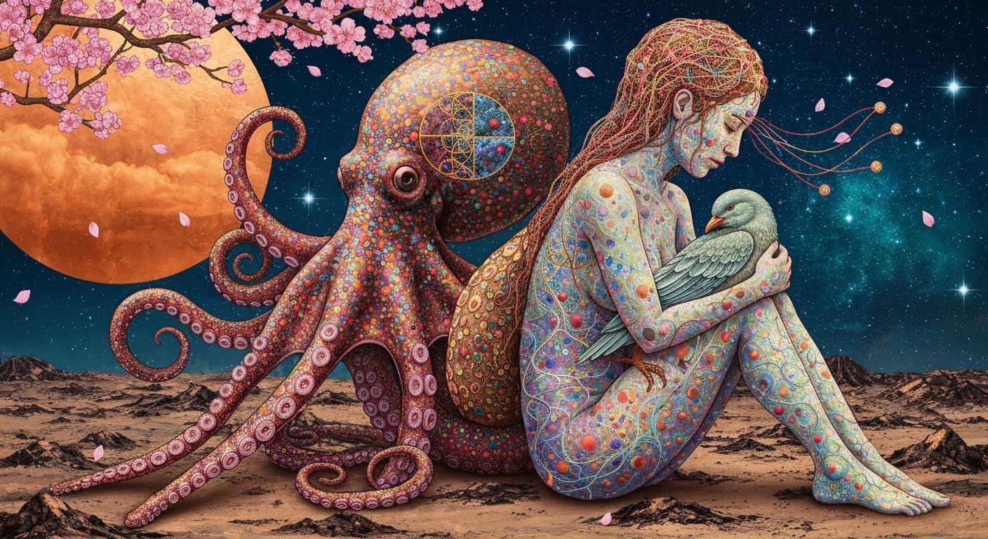 Mystical Octopus Figure in Cosmic Vision Landscape