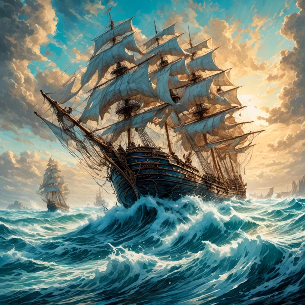 Sailing Ship in Icy Waters: Gouache Impressionist Art