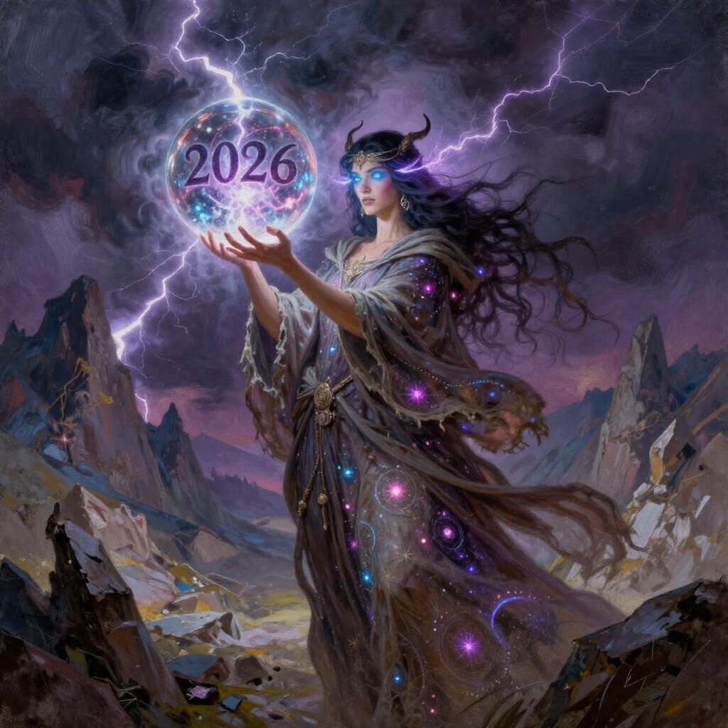 Sorceress Conjures 2026 Storm Over Mountains