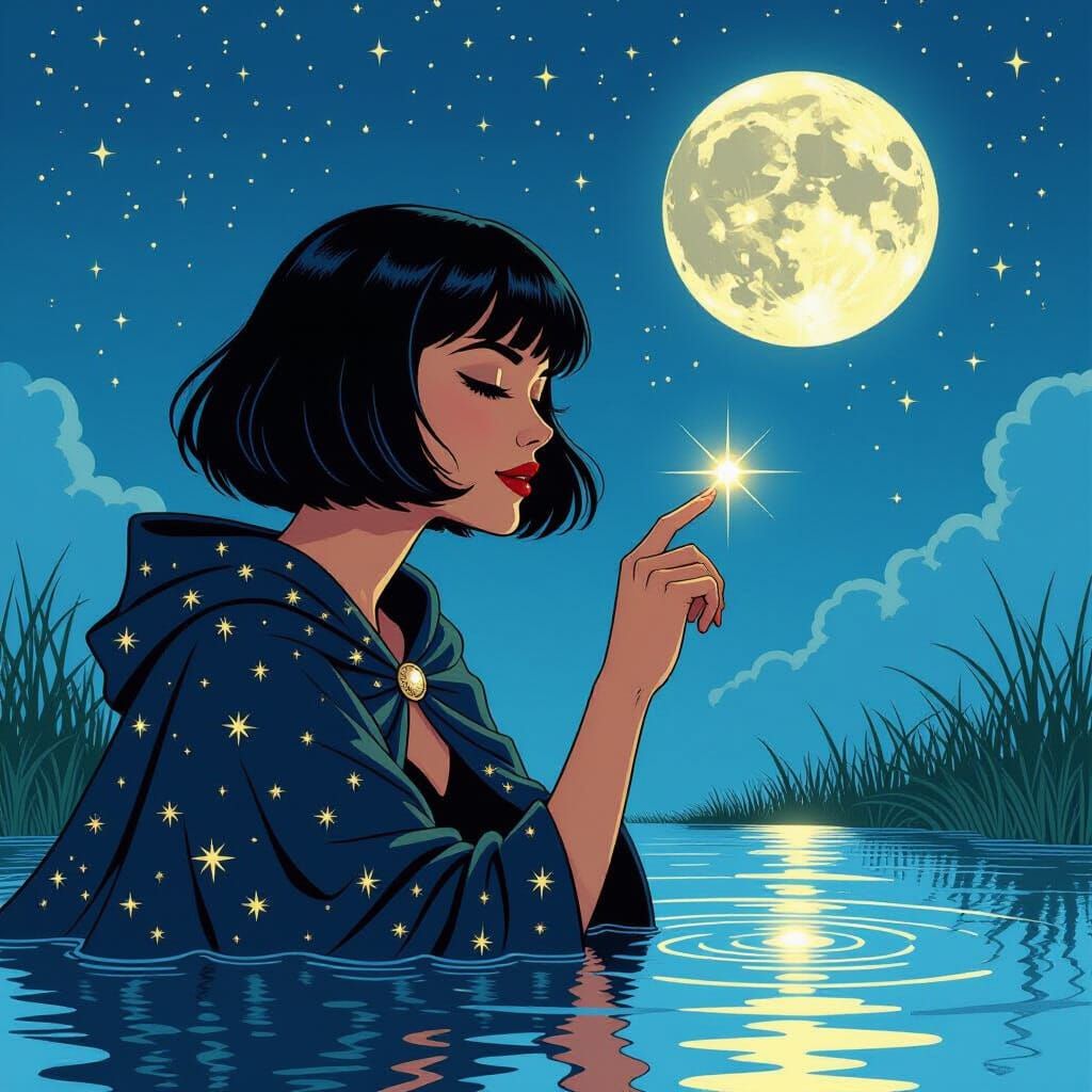 Night Goddess Touches Water Mirror Under Full Moon