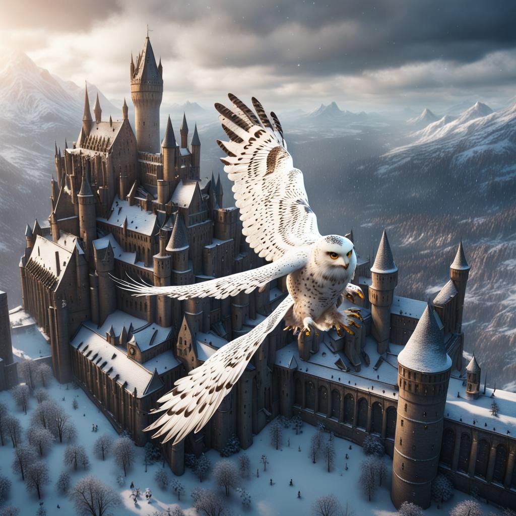 Hedwig Soaring Over Snowy Hogwarts: Matte Painting