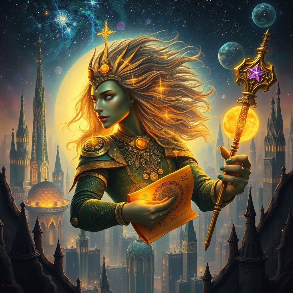 Cosmic Deity Beckons Through Iridescent Portal